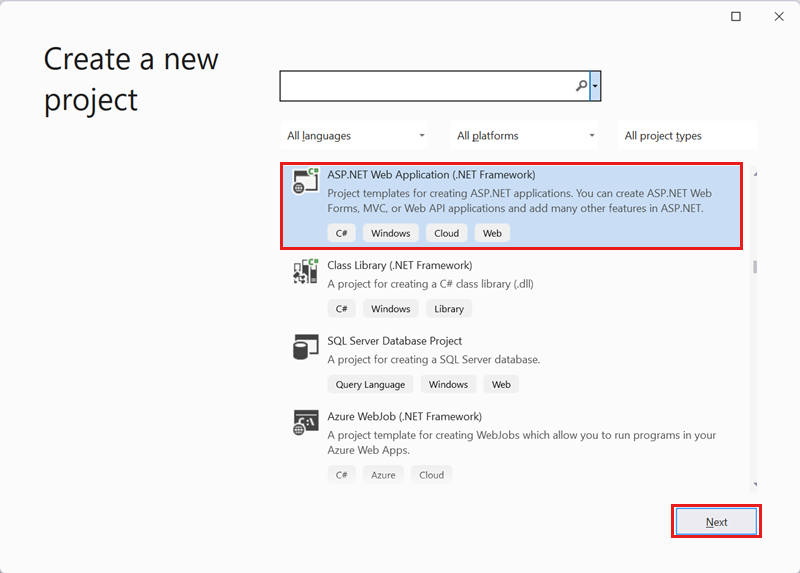 Screenshot of the Create a new project dialog.